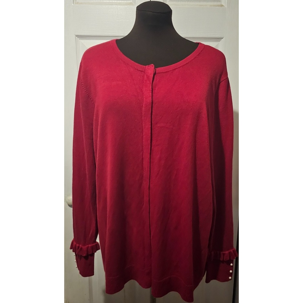 Cj Banks red size 1x long sleeve womens button up ruffle sweater